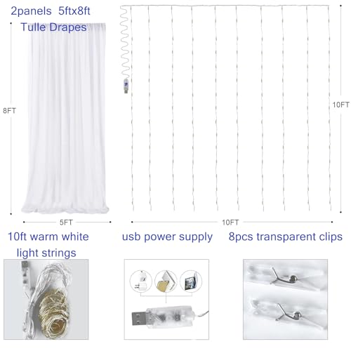Realparkly White Tulle Backdrop Curtain with Lights, Elegant Sheer Photo Backdrop Drapes, Soft Fabric & LED Curtain for We...