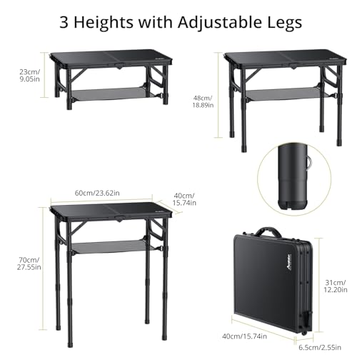 Anbte Folding Camping Table with Storage Net, Pure Black Aluminum 2ft Picnic Table 23.2" x 16" Outdoor Table Adjustable He...