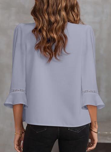 EVALESS Women's 3/4 Sleeve Tops Dressy Casual Pleated V Neck Business Work Blouses Office Shirts