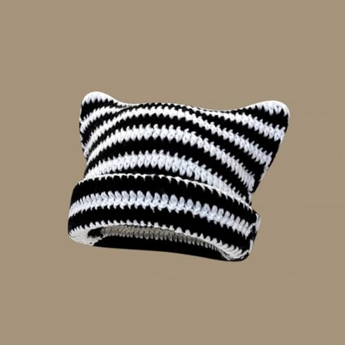 Women Beanie Warm Winter Hats Vintage Beanies Hat Cute Cat Ears Hats Winter Warm Knitted Stripe Accessories Slouchy Headgear