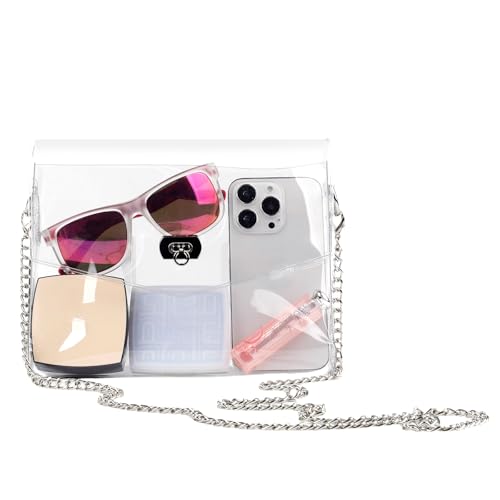 JOMPARO Clear Purses for Women Stadium Events Clear Crossbody Bag with Metal Chain