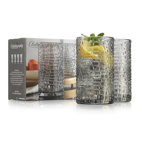 Glaver's Highball Glasses Set of 4 Smoke Drinking Glasses, 15 Ounce Crackle Textured Newly Designed Patent Glassware Heavy...