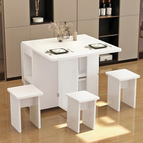 LUMISOL Folding Dining Table Set for 4, Drop Leaf Kitchen Table Set with 4 Chairs, Storage and 6 Wheels, Space Saving Dini...