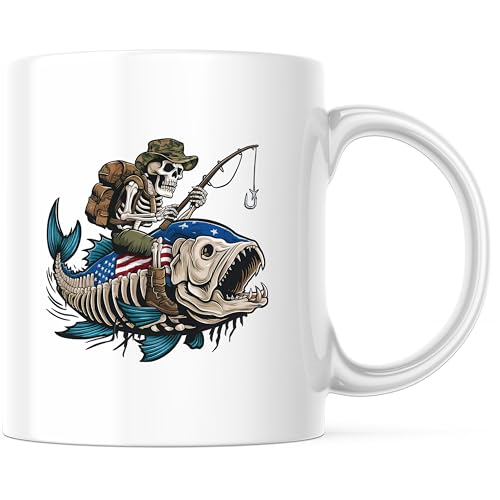 Skull Riding Fish Mug - 11 Ounce Coffee Mug - Camping - Premium Quality Ceramic Mug -Design Printed On Both Sides - Made i...