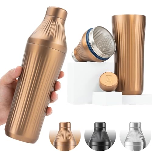 Elevated Craft Diamond Edition Hybrid Cocktail Shaker Set - Premium Vacuum Insulated Brushed Copper, 28 oz, Includes Buil...