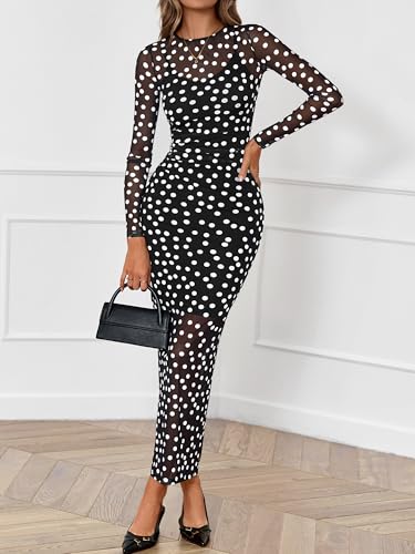 BTFBM Spring Dresses for Women 2026 2 Piece Set Long Sleeve Polka Dot Sexy Bodycon Mesh Dress and Slip Dress Wedding