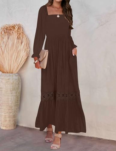 ZESICA Women's 2026 Boho Long Sleeve Square Neck Smocked High Waist Flowy A Line Lace Trim Maxi Dress