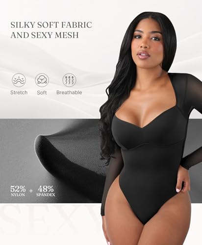 FeelinGirl Long Sleeve Bodysuit for Women Sexy Mesh V Neck Body Suits Thong Corset Top Going Out Outfits for Party