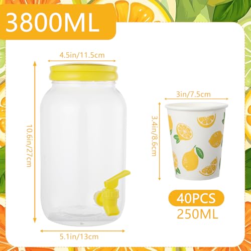 2 Pcs Plastic Beverage Dispenser with Spigot and 40 Pcs Lemon Paper Party Cups Kitchen Fridge Clear Plastic Drink Summer B...