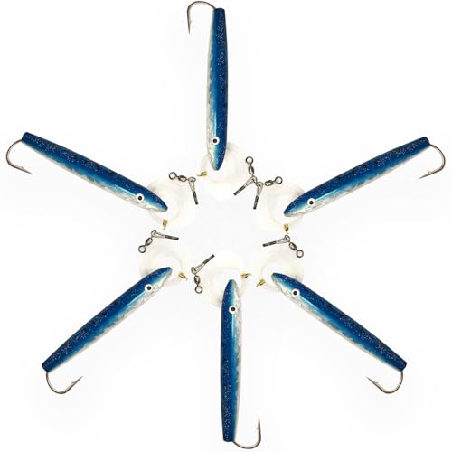 4" Cedar Plugs, 6 Pcs Blue/White Rigged, for Saltwater Fishing, Includes Lure Bag, Ideal Offshore Trolling Gear for Tuna