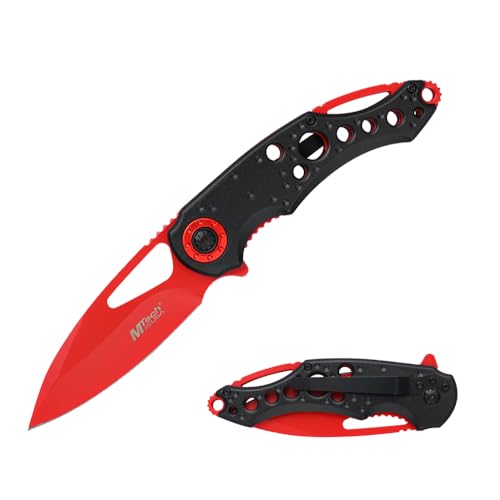 MTECH USA Folding Pocket Knife, 3.55" Drop Point Blade, Black and Red Aluminum Handle, 8.3" Overall Length