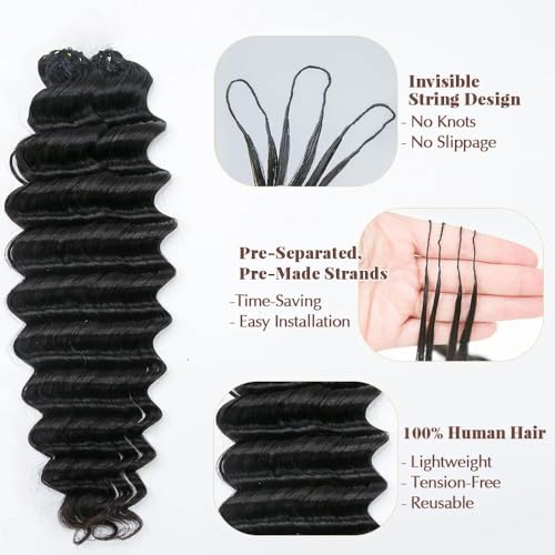 100% Human Hair Knotless Pre-Separated Crochet Hair Extensions Deep Culry Feather Hair Deep Wave Feather Line Hair Extensions Natural Color 18Inch 60g