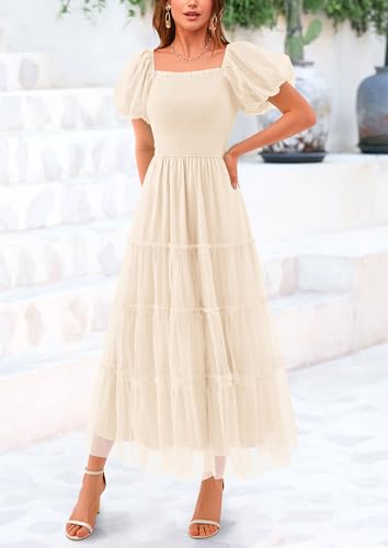 PRETTYGARDEN Women's Smocked Midi Tulle Dress 2026 Summer Puffy Short Sleeve Square Neck Ruffle Wedding Guest Party Dresses