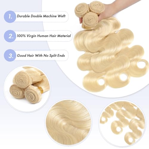 613 Bundles Human Hair 14 16 18Inch Blonde Body Wave Bundles 100% Unprocessed 16A Brazilian Virgin Hair 3 Bundles Human Hair Body Wave Hair Extensions for Women can be Dyed Bleached