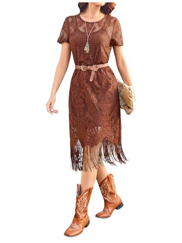 WDIRARA Women's Western Concert 2 Piece Outfits Short Sleeve Sheer Fringe Dress and Cami Dress Set