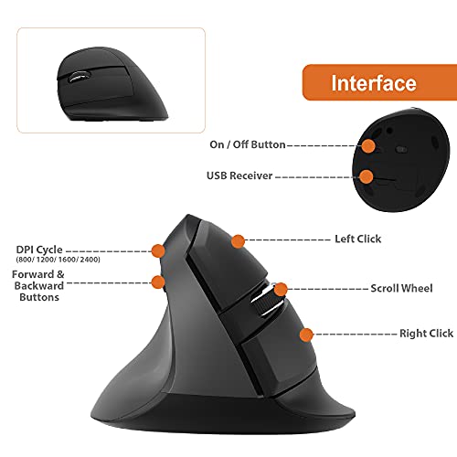 J-Tech Digital Ergonomic Left Hand Mouse with Wireless Connection, AA Battery, 2.4GHz Nano Transceiver, 800, 1200, 1600, 2...