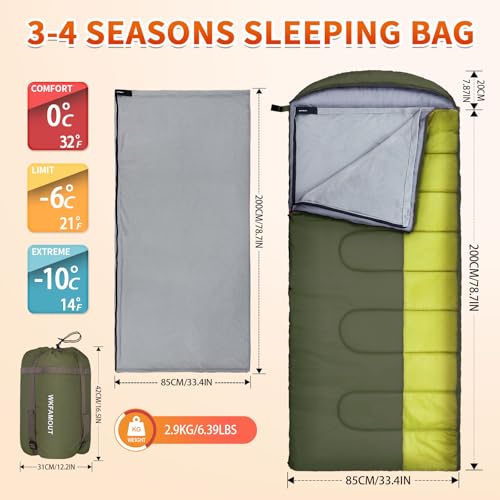 WKFAMOUT XL 10 Degree Sleeping Bags Waterproof for Adults 350GSM Machine Washable with Compression Sack for 3-4 Season Cam...