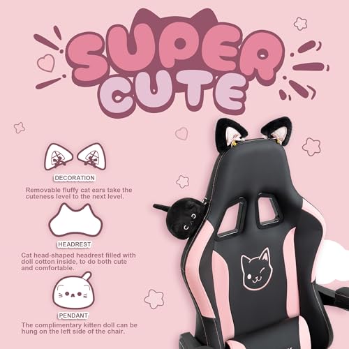 Dowinx Gaming Chair Cute with Cat Ears and Massage Lumbar Support, Ergonomic Computer Chair for Girl with Footrest and Hea...