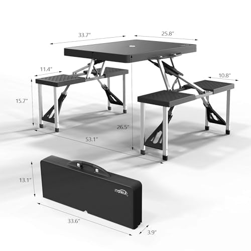 VINGLI 4Ft Portable Folding Picnic Table Camping Table Foldable Set with 4 Seats with Umbrella Hole Suitcase Card Table-22...