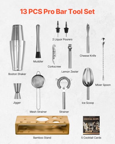 VEVOR Cocktail Shaker Set, 13-Piece Stainless Steel Bar Tools with Bamboo Stand, Boston Bartender Kit Accessories | Mixer ...