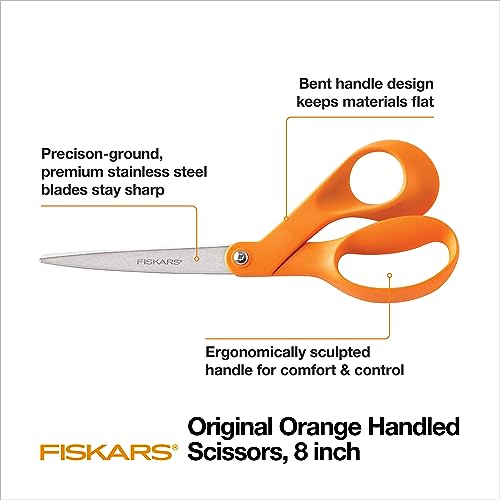 Fiskars 8" Original Orange-Handled Stainless Steel Scissors, Ergonomic and Keeps Material Flat, Sharp All-Purpose Paper an...