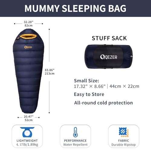QEZER Down Sleeping Bag for Adults with 620 Fill Power Down Ultralight Mummy Backpacking Sleeping Bag