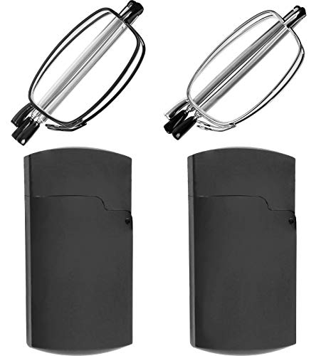 Success Eyewear Reading Glasses 2 Pair Black and Gunmetal Readers Compact Folding Unisex Glasses for Reading Case Included