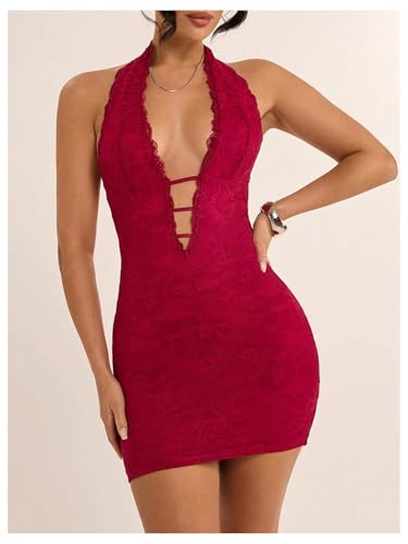 SweatyRocks Women's Sexy Deep V Neck Lace Halter Mini Dress Open Back Bodycon Club Dresses Rave Outfits