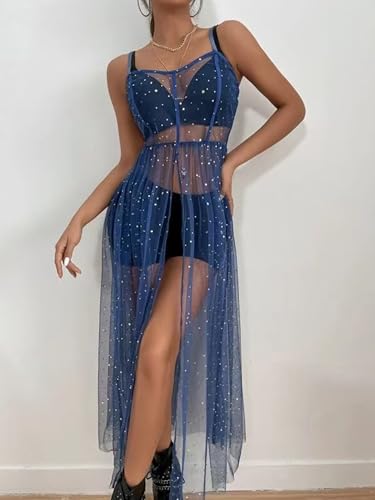 Mluiov Women's Tulle Sheer Mesh Sequin Swimsuit Cover Up Sparkly Flowy Long Maxi Slit Dress Rave Festival Sexy Outfits
