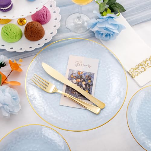 Rubtlamp 175 Pcs Plastic Dinnerware Set (25 Guests), Blue Disposable Plates With Gold Rim, Hammered Party Plates Set Inclu...