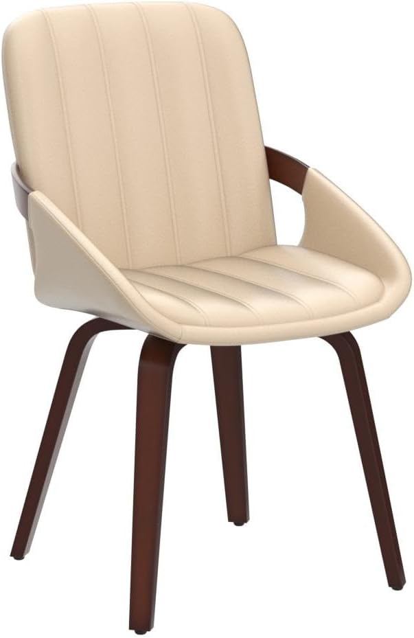 YOUUGIOR Mid Century Modern Beige Faux Leather Upholstered Dining Chairs Set of 2,Armless Accent Chairs with Sturdy Natural Wood Legs,Bamboo Backrest Support for Kitchen&Dining Room Chairs
