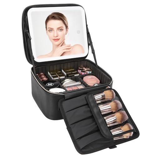 Relavel Travel Makeup Bag With LED Mirror, Cosmetic Train Case with Light up Mirror, Portable Makeup Artist Organizer Bag ...