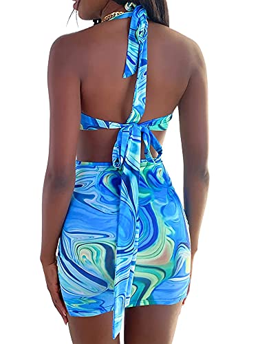 BHMAWSRT Womens Sexy Halter Tie Dye Two Pieces Sets,Y2K Fashion Outfits Sleeveless Tops and Short Skirt