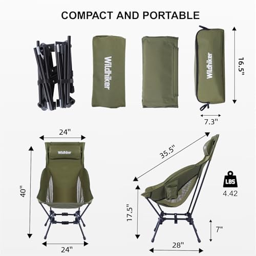 Wildhiker Portable High Back Folding Camping Chairs – Compact with Dual Sitting Modes, Pillow, Arm Pads and Side Pockets –...