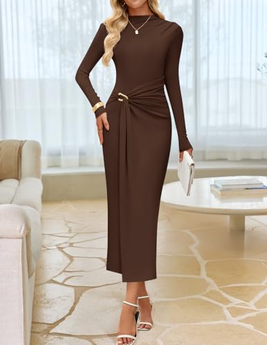 ZESICA Women's 2026 Spring Long Sleeve Bodycon Dress Mock Neck Wedding Guest Cocktail Party Long Midi Dresses