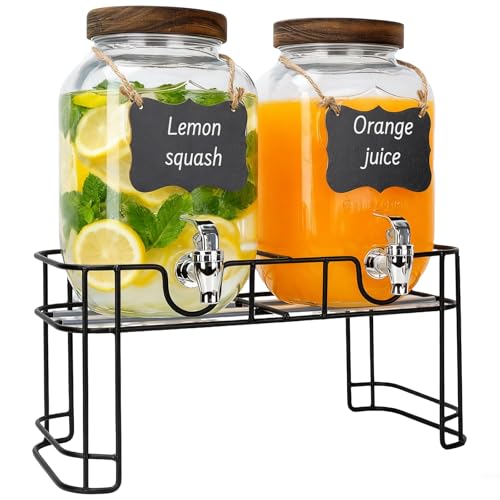 1 Gallon Drink Dispenser with Stand,2 Pcs Clear Glass Beverage Dispenser with Spigot, 2 pcs Wood Lid and Wooden Hangtags f...