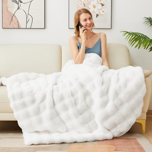 Latepis White Throw Blanket for Couch, Soft Faux Fur Bubble Blankets for Sofa Bedroom Living Room, Cozy Warm Fluffy Blanke...