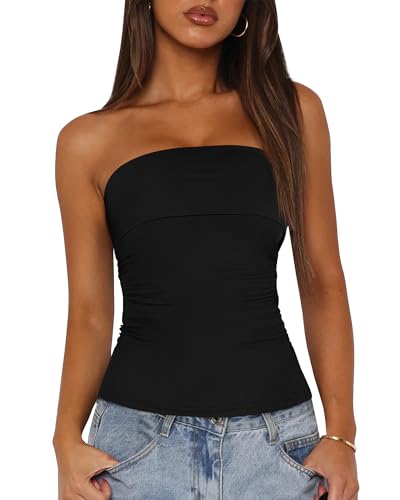 BTFBM Womens Strapless Tube Tops Spring Summer Clothes 2026 Trendy Casual Ruched Stretchy Going Out Bodycon Bandeau Top