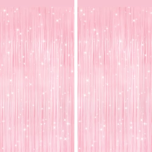 2 Pack Pastel Pink Metallic Tinsel Foil Fringe Curtains, Door Streamers Photo Booth Backdrop for Birthday Party, Tinsel Cu...