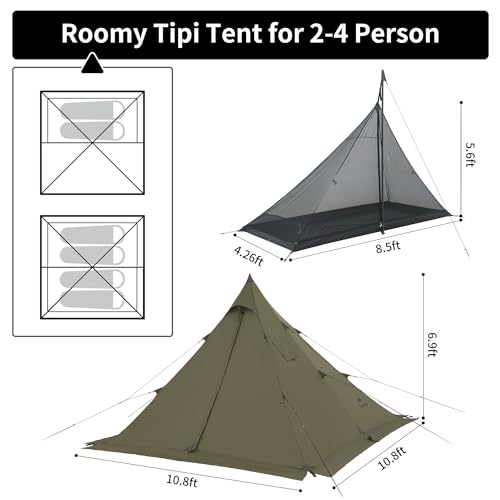 Naturehike Ranch Fire 4 Season Teepee Tent, 2 Person Hot Tent with Stove Jack, Windproof Waterproof Cold Weather Winter Te...