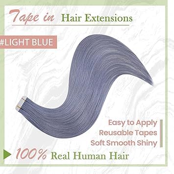 RUNATURE Light Blue Tape in Hair Extensions Human Hair Invisible Tape in Extensions Colored Highlight Real Human Hair Tape in Ex