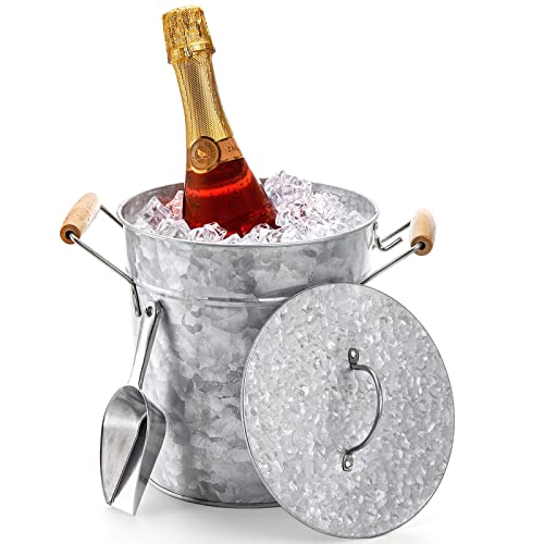 Frcctre Farmhouse 4 Liter Ice Bucket with Lid, Galvanized Metal Beverage Tub with Scoop and Handles, Drink and Wine Chille...