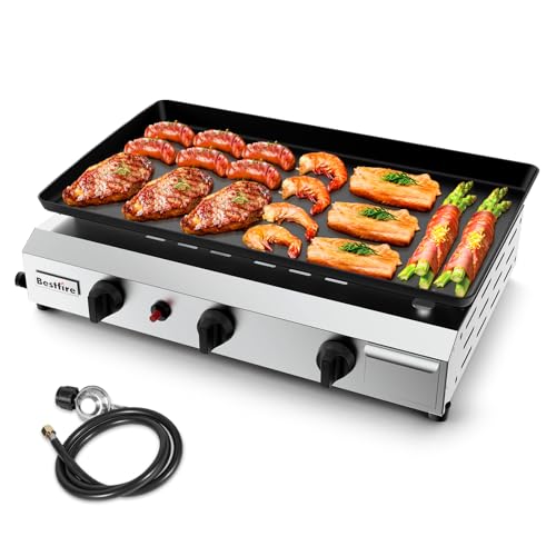 Bestfire 3 Burner Flat Top Gas Griddle - 23 Inch Outdoor Propane Griddle with 30000 BTU, Portable Propane-Fuelled Grill St...