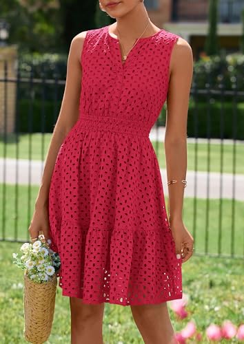PRETTYGARDEN Women's Summer Dresses 2026 Sleeveless V Neck Eyelet Hollow Out Swing A Line Beach Vacation Sun Dress