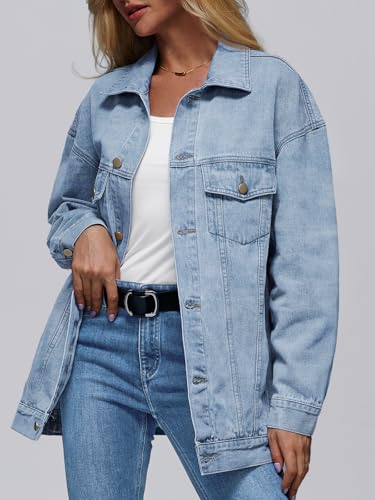 AUTOMET Women's Oversized Jeans Jacket, Classic Button Down Denim Jacket with Chest Pockets, Loose Fit Boyfriend Style Coat