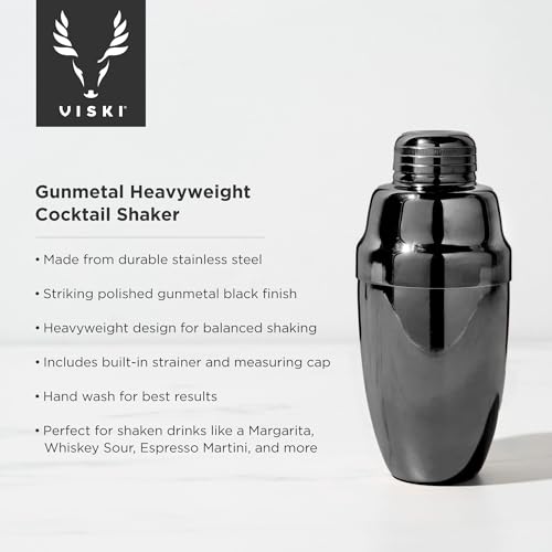 Viski Gunmetal Heavyweight Cocktail Shaker with Strainer, Stainless Steel Drink Mixer for Cocktails, Margarita, Martini, B...