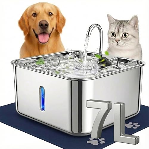 7L Stainless Steel Cat & Dog Water Fountain with 12×16 Waterproof Anti-Slip Mat, Automatic Pet Water Fountain with Quiet P...