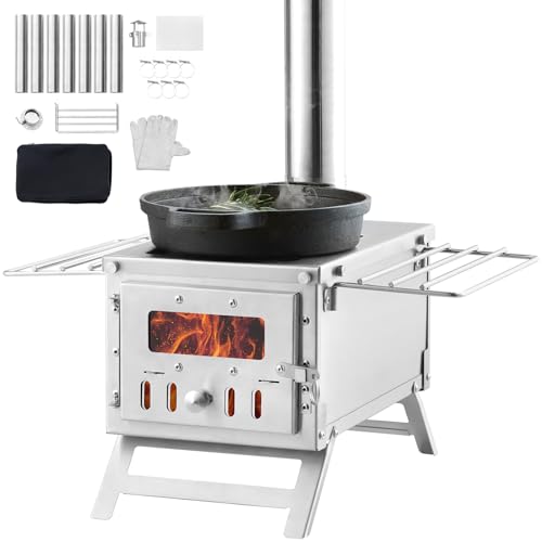 VEVOR Camping Wood Stove Stainless Steel Camping Tent Stove, Portable Wood Burning Stove with Chimney Pipes & Gloves, 700i...