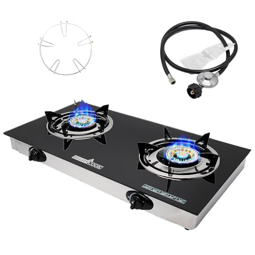 RegiisCook 2 Burner Propane Gas Cooktop,Camping Portable LPG Gas Stove, Auto Ignition Tempered Glass Countertop with regul...
