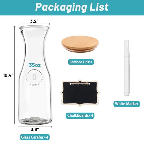 Glass Carafe with Bamboo Lid,35 Oz Beverage Dispensers Carafe,Mimosa Bar Supplies,Clear Glass Pitcher with Name Labels for...